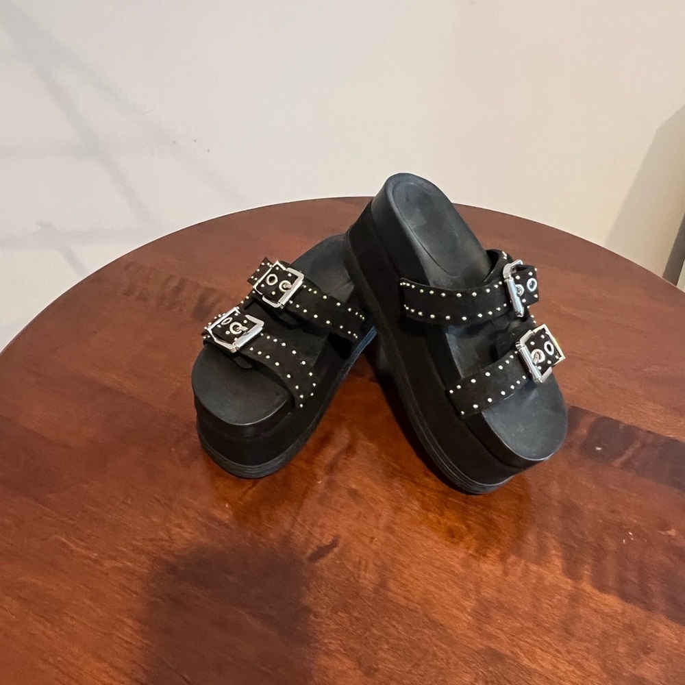 Schultz Black Platform Sandals with Silver Accents